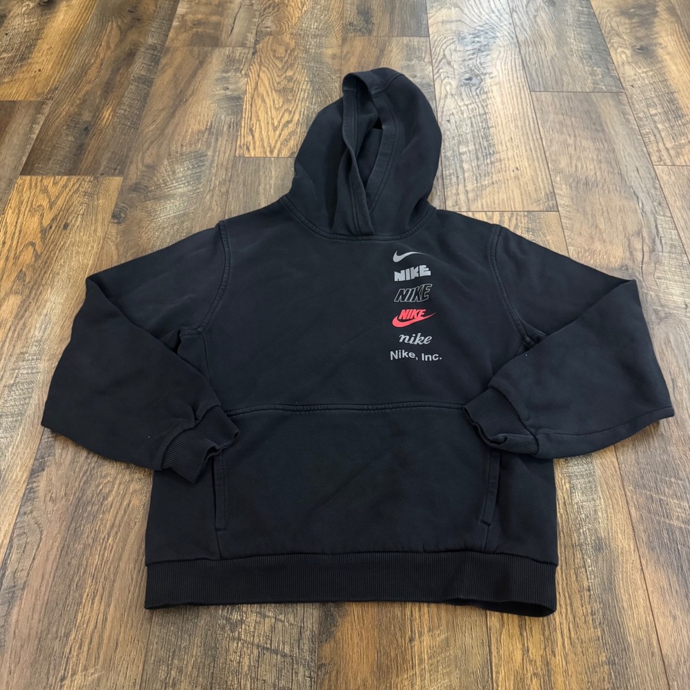 Nike Sportswear Boys Large Black Multi Logo Stack Fleece Hoodie Sweatshirt
